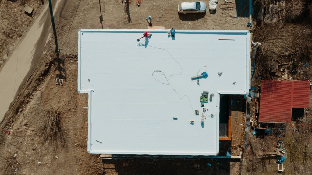 Commercial flat roof installation from above
